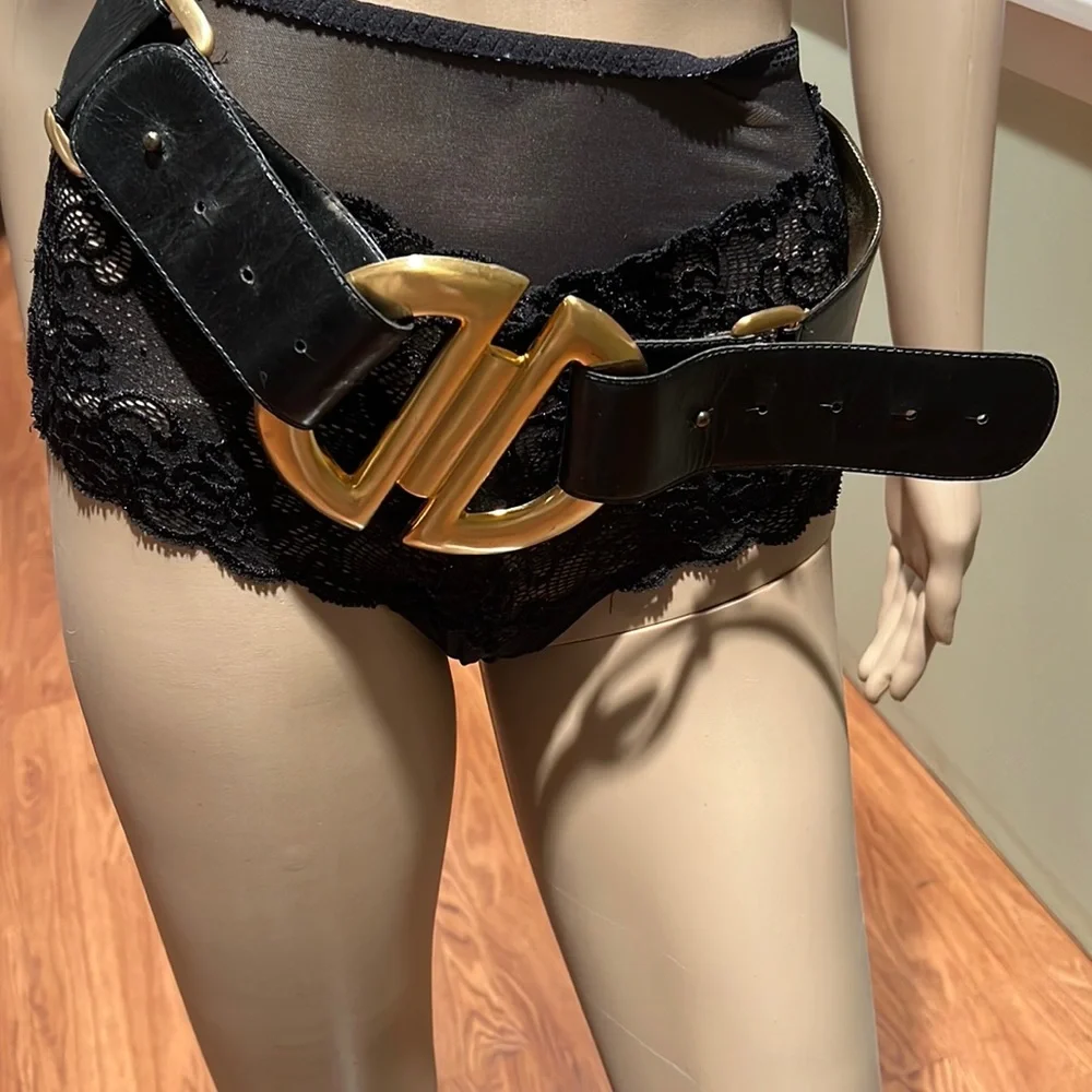 Omega Black Leather Belt With Large Gold Buckle Size M